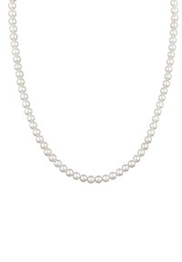 Ferskvandsperle halskæde med runde, glatte hvide perler samlet med en subtil glans, ensartet størrelse og klassisk design.