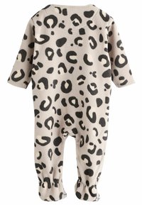 Fleece-Einteiler in heller Beige mit schwarzem Leopardenmuster. Lange Ärmel, elastische Bündchen und runder Ausschnitt. Weicher Stoff, enganliegender Schnitt.