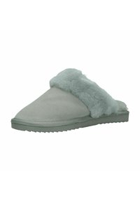 Lichtgrijze slippers met een zachte nep bontband, gemaakt van suede-achtig materiaal, met een platte rubberen zool en een ronde neus.