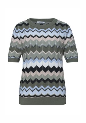 Kortemouw gebreide top met zigzagpatroon in tinten groen, zwart, beige, wit en lichtblauw, met een ronde halslijn en geribbelde randen.
