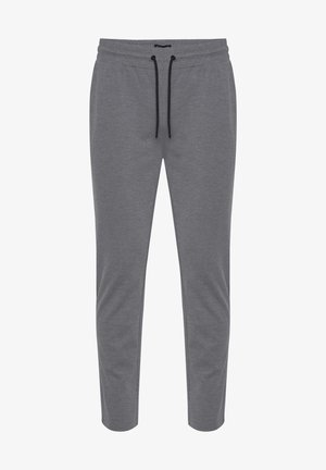 Gray sweatpants made of soft fabric, featuring an elastic waistband with a black drawstring and tapered legs for a fitted look.