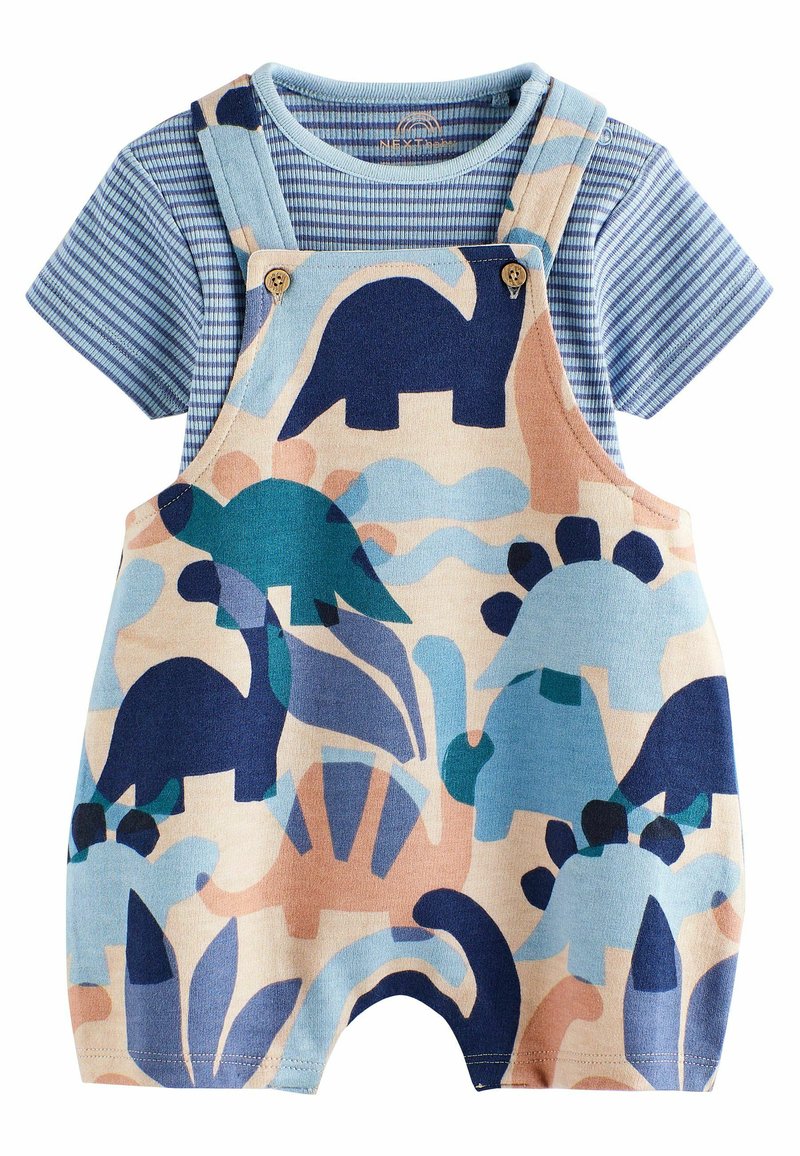 Korte mouwen blauwe gestreepte baby romper met kleurrijke dino- en plantenpatronen op de bretels en knoopbanden.
