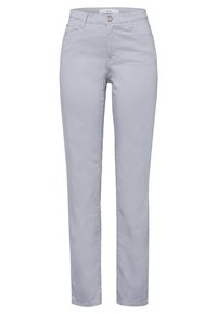 Pantalons slim gris clair en mélange de coton doux. Comprend des poches avant, une petite poche à pièces et une fermeture éclair avec un bouton à l'avant.