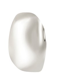 Objet sculptural en argent poli avec une forme irrégulière et organique, texture lisse et surface courbée réfléchissant la lumière.