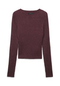 Maglione a coste bordeaux a maniche lunghe e colletto rotondo, con una leggera lucentezza e un design aderente.