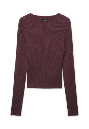 Maglione a coste bordeaux a maniche lunghe e colletto rotondo, con una leggera lucentezza e un design aderente.