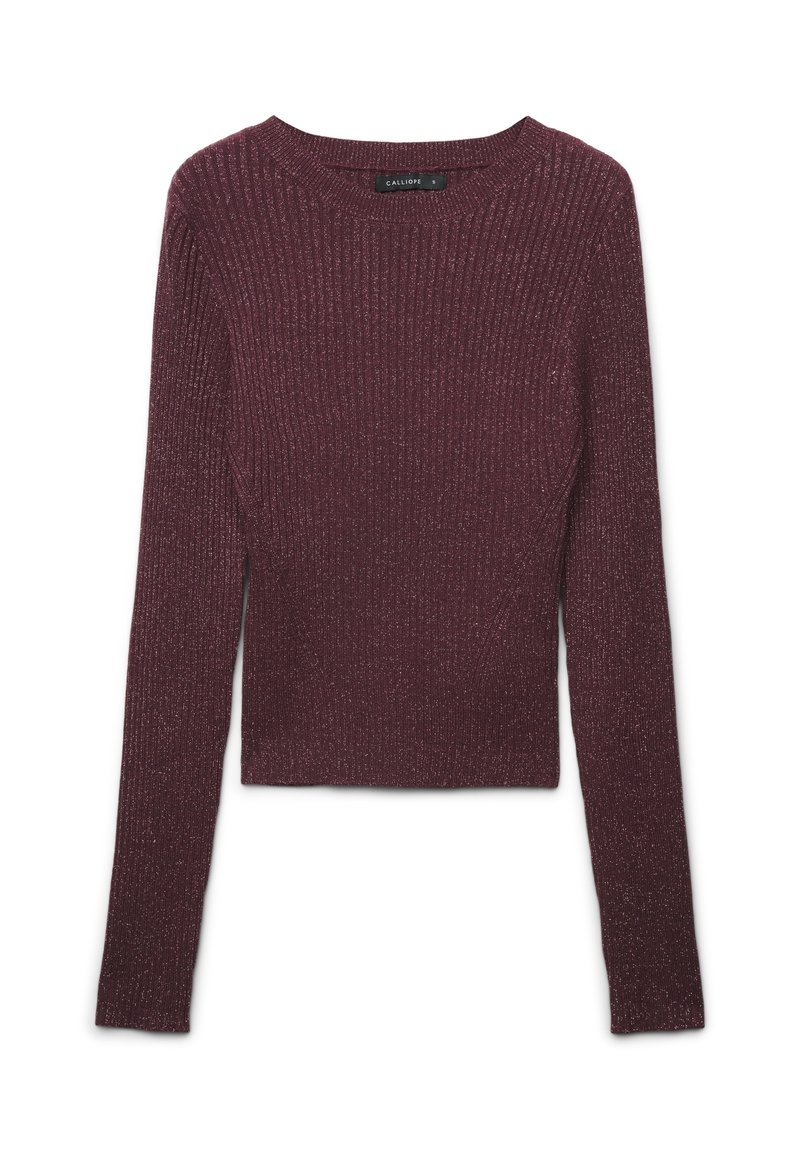 Maglione a coste bordeaux a maniche lunghe e colletto rotondo, con una leggera lucentezza e un design aderente.