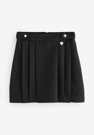 Black pleated skirt with a waistband, featuring silver hardware buttons and a heart charm accent on the front. Smooth fabric texture.