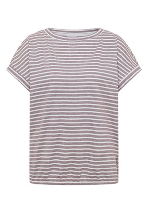 T-shirt manches courtes col rond avec rayures horizontales blanches et violet atténué et coupe décontractée.