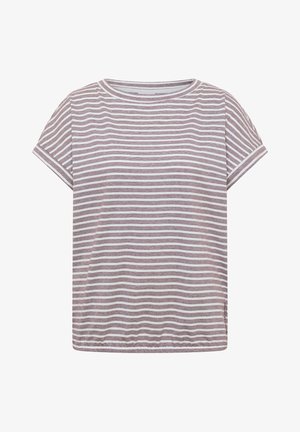 T-shirt manches courtes col rond avec rayures horizontales blanches et violet atténué et coupe décontractée.