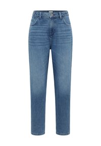 Jeans de mezclilla azul claro con una cintura alta, corte recto, que cuentan con bolsillos frontales y cierre de botón. Textura desgastada cerca de los bolsillos.