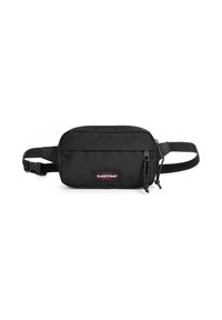 Marsupio Eastpak nero con forma rettangolare, tasca frontale con zip, cinturino regolabile e patch con logo in rosso e nero. Texture del tessuto resistente.
