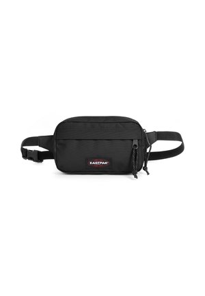 Sac banane Eastpak noir de forme rectangulaire, avec une poche zippée à l'avant, une sangle réglable et un patch logo rouge et noir. Texture durable en tissu.