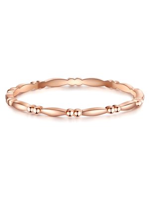 Roségoldene Armspange mit einem glatten, gewundenen Design, ausgestattet mit abgerundeten Perlenakzenten und alternierenden Abschnitten unterschiedlicher Breite.