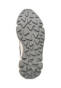 Suola in gomma grigia con lugs triangolari per la trazione. Bordature rinforzate e nome del marchio "Flower Mountain" visibile. Superficie testurizzata.