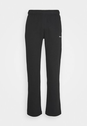 Black elastic waist straight-leg sweatpants with small white Champion logo on upper thigh.