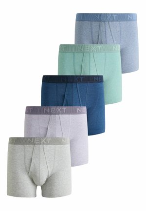 Five pairs of men's boxer briefs in gray, light gray, blue, mint green, and light blue, each with an elastic waistband branded "NEXT".