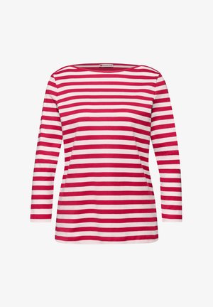 Pitkähihainen paita, jossa on punavalkoiset vaakaraidat ja pyöreä pääntie, esitettynä valkoisella taustalla.