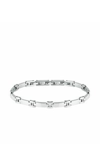 Bracciale in metallo argentato con anelli rettangolari e quadrati alternati, caratterizzato da una finitura lucida e una superficie liscia.