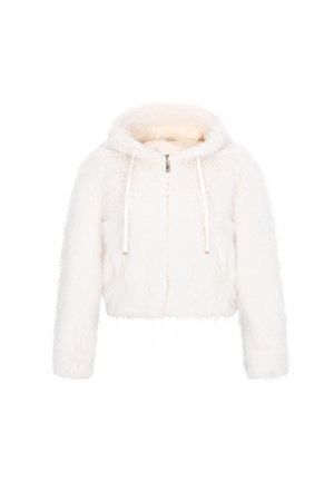 Witte nepbont hoodie met een cropped ontwerp, voorzien van een ritssluiting aan de voorkant, een trekkoordcapuchon en een zachte, gestructureerde oppervlakte.