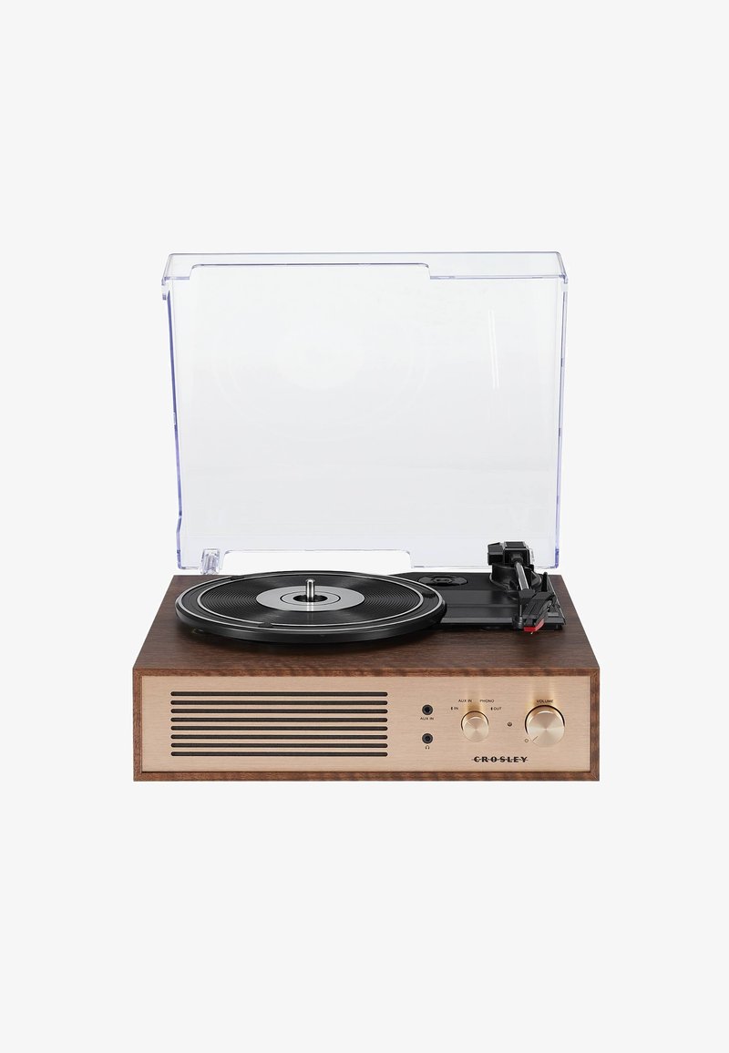 Plateau tournant avec une base en bois, plateau en vinyle noir, couvercle de protection transparent, boutons dorés et fentes de ventilation à l'avant.