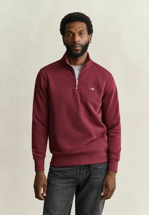 Mann mit kurzen lockigen Haaren und Bart, trägt einen bordeauxfarbenen Sweatshirt mit Viertel-Reißverschluss über einem grauen Hemd und dunklen Jeans, stehend vor einem einfarbigen Hintergrund.