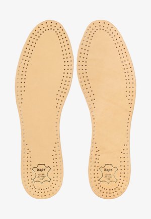 Leather insoles with a smooth, beige surface and perforated patterns around the edges. Features a logo and product details embossed at the bottom.