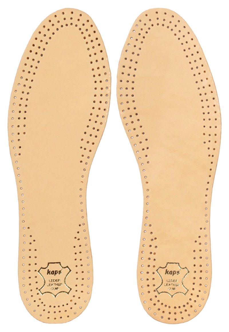 Leather insoles with a smooth, beige surface and perforated patterns around the edges. Features a logo and product details embossed at the bottom.
