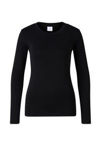 Černé tričko s dlouhým rukávem vyrobené z měkké, pružné látky. Má klasický kulatý výstřih a přiléhavý střih bez viditelných vzorů.