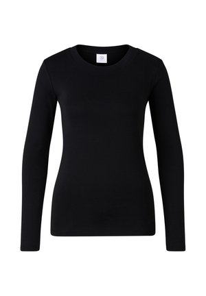 Černé tričko s dlouhým rukávem vyrobené z měkké, pružné látky. Má klasický kulatý výstřih a přiléhavý střih bez viditelných vzorů.