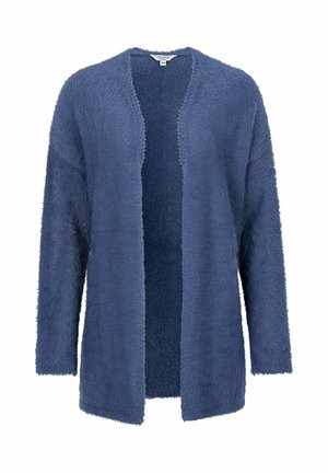 Sininen, teksturoitu neulecardigan, joka on valmistettu pehmeästä ja pörröisestä materiaalista; avonainen etuosa, pitkät hihat ja rento istuvuus.
