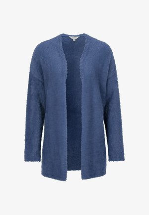 Blå tekstureret cardigan lavet af blødt, fluffy materiale; åben front design med lange ærmer og en afslappet pasform.