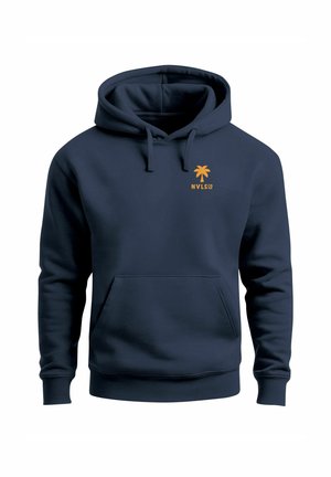 Navyblaues Hoodie aus weichem Stoff, mit einer Kängurutasche, Kapuze mit Kordelzug und einem orangefarbenen Palmenbaum-Logo auf der Brust.