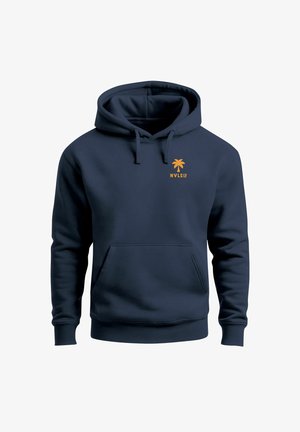 Navy blue hoodie made from soft fabric, featuring a kangaroo pocket, drawstring hood, and an orange palm tree logo on the chest.