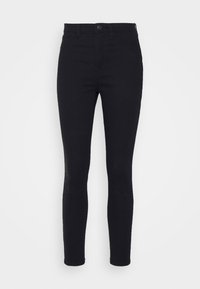 Jean skinny noir taille haute avec fermeture boutonnée et à glissière, passants pour ceinture, et poches avant et arrière, présenté sur un fond blanc.