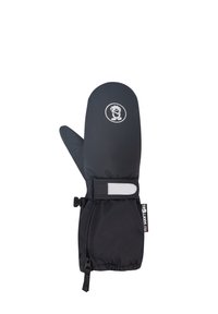 Mitten isolada preta com tirante ajustável no pulso, fecho de correr ao longo do lado e um logótipo de rosto de cartoon divertido na parte superior.