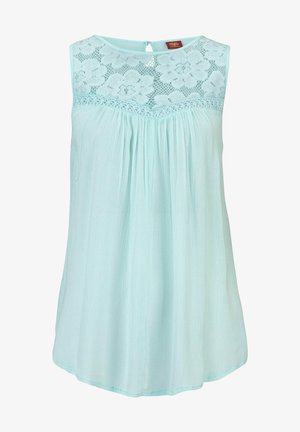 Light blue sleeveless top made of soft fabric, featuring a lace yoke with floral patterns, pleated design, and a keyhole back closure.
