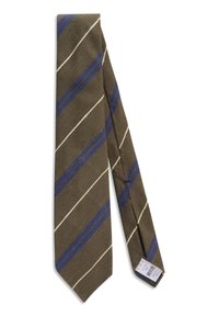 Bruine stropdas met diagonale blauwe en witte strepen. Getextureerde stof met een lichte glans. Smalle breedte en spitse punt. Zorglabel bevestigd.