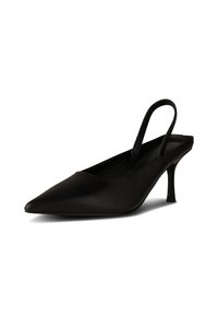 Čierne kožené slingback lodičky s špicatou špičkou, štíhlým opätkom a hladkou textúrou. Minimalistický dizajn bez viditeľného kovania alebo vzorov.