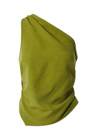 Asymmetrische top met één schouder in olijfgroen, met een gedrapeerd ontwerp, een gladde textuur en een ronde zoom.