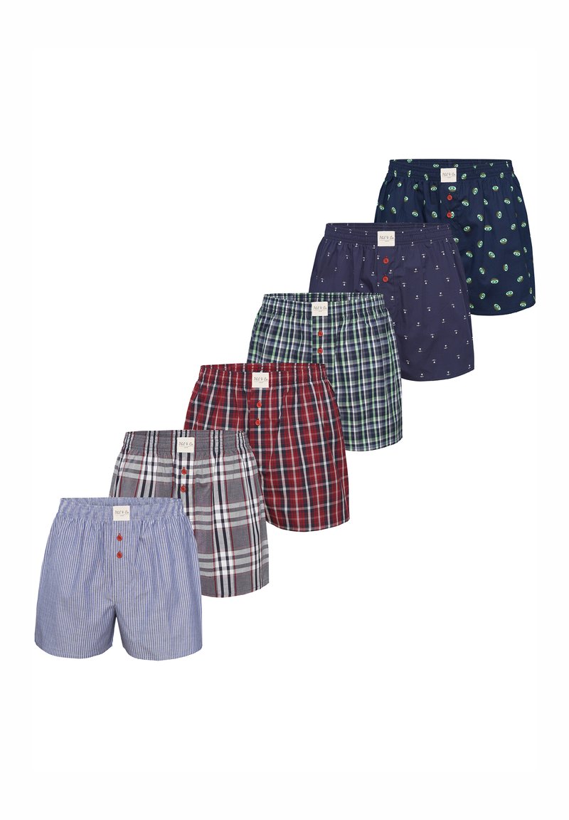 Boxershorts met verschillende designs: strepen, ruiten en patronen in blauwe, rode en marineblauwe tinten. Ze zijn allemaal voorzien van knoopdetails en elastische taillebanden.