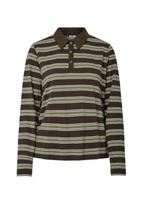 Bruine langwerpige polo met lange mouwen en witte en olijfgroene strepen. Voorzien van een knoopsluiting en een klassieke kraag. Zachte stofstructuur.