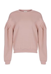 Sudadera rosa con cuello redondo y diseño de hombros caídos. Presenta mangas fruncidas y una cinturilla y puños acanalados. Textura suave.