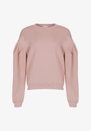 Ružový sveter s okrúhlym výstrihom a dizajnom s spadnutými ramenami. Obsahuje naťahovacie rukávy a rebrovaný pás a manžety. Hladká textúra.