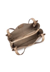 Sac cabas en cuir beige avec deux anses, ouverture supérieure sans fermeture, et compartiment intérieur zippé visible sur fond blanc.