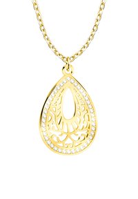 Guld dråbeformet vedhængs halskæde med detaljeret udskåret design og en kant af klare krystaller. Kæden er simpel og ledet.