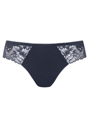 Navy blue women's bikini underwear featuring floral lace accents on the sides and a smooth fabric front. Scalloped lace edges.