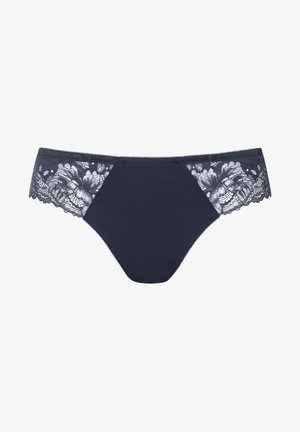 Navyblauwe dames bikini ondergoed met bloemenkant accenten aan de zijkanten en een gladde stof aan de voorkant. Geribbelde kant randen.