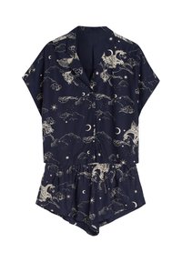 Granatowy komplet piżamowy wykonany z miękkiego materiału, z krótkimi rękawami i spodenkami. Ozdobiony fantazyjnym wzorem z mitycznymi stworzeniami i gwiazdami.