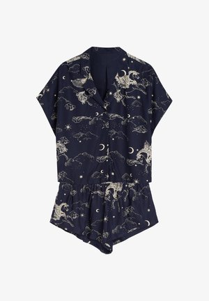 Granatowy komplet piżamowy wykonany z miękkiego materiału, z krótkimi rękawami i spodenkami. Ozdobiony fantazyjnym wzorem z mitycznymi stworzeniami i gwiazdami.
